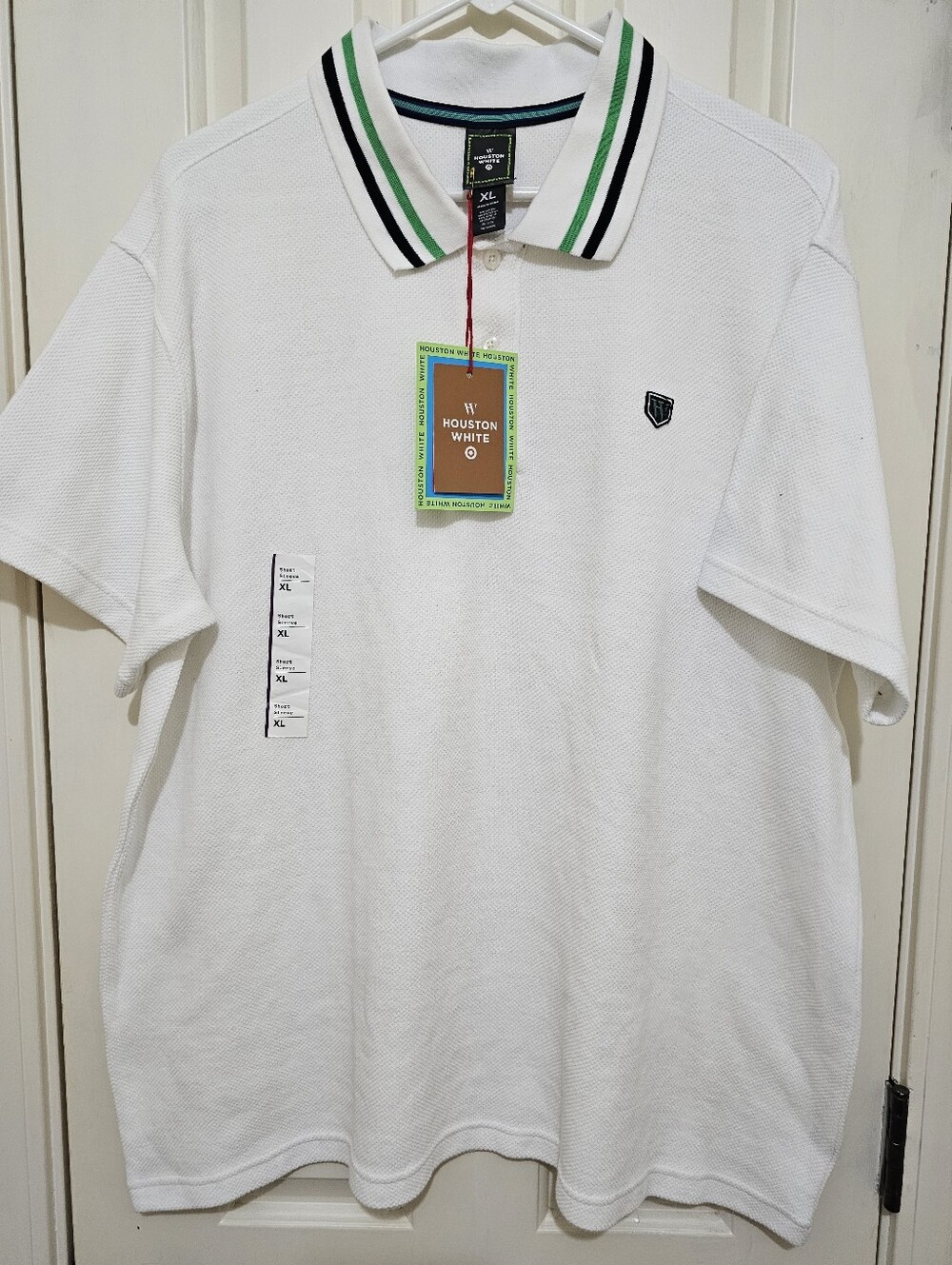 Men's White Polo Shirt with Green-Trim Collar
